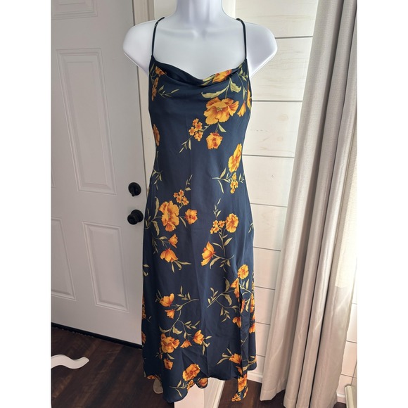 ASTR The Label Dresses & Skirts - ASTR The Label Slip Dress Womens Small Dark Teal Floral Cowl Neck Lace Up Midi